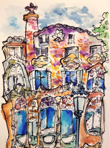 Tekening getiteld "Casa Batlló" door Yuk Wa Yu, Origineel Kunstwerk, Aquarel