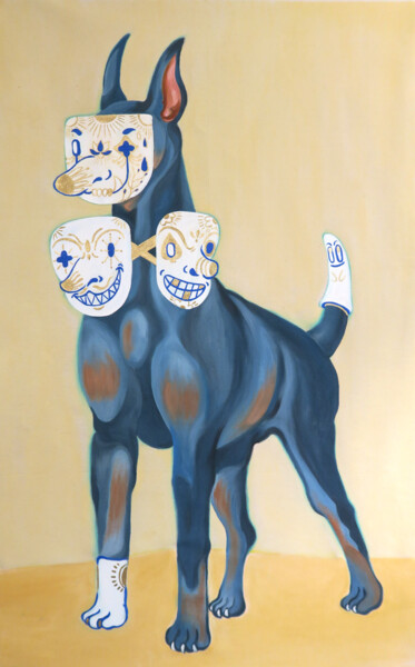 Malerei mit dem Titel "Three headed dog" von Yuk Wa Yu, Original-Kunstwerk, Acryl