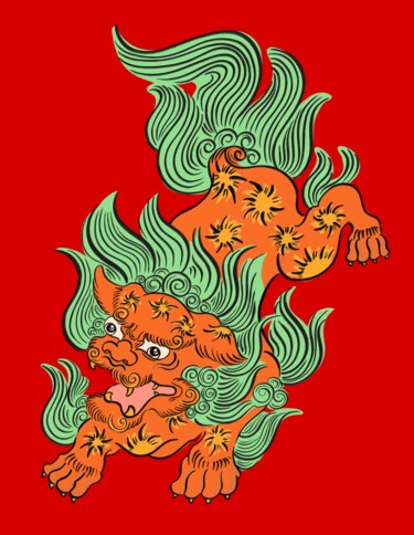 Цифровое искусство под названием "Lion red Fire" - Yuk Wa Yu, Подлинное произведение искусства, Цифровая живопись