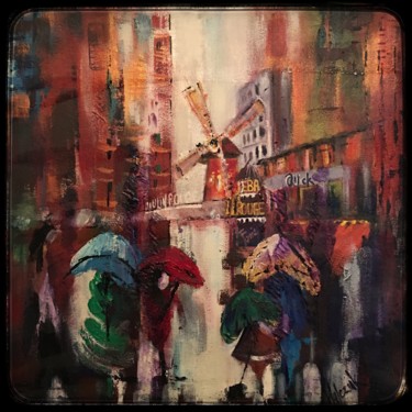 Painting titled "Paris in the rain" by Marzena Walczuk, Original Artwork, Acrylic Mounted on Wood Panel