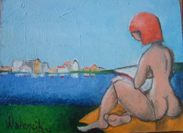 Painting titled "la-liseuse-au-bord-…" by Marc Walencik, Original Artwork, Oil
