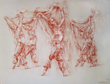 Dessin intitulée "La danse aux foular…" par Walid Lemkecher, Œuvre d'art originale, Crayon