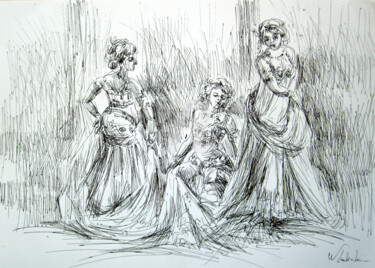Disegno intitolato "La danse de l'envoû…" da Walid Lemkecher, Opera d'arte originale, Inchiostro