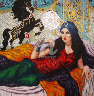 Malerei mit dem Titel "Femme Orientale sou…" von Walid Lemkecher, Original-Kunstwerk, Öl Auf Keilrahmen aus Holz montiert