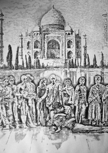Disegno intitolato "Tragédie au Taj Mah…" da Walid Lemkecher, Opera d'arte originale, Matita