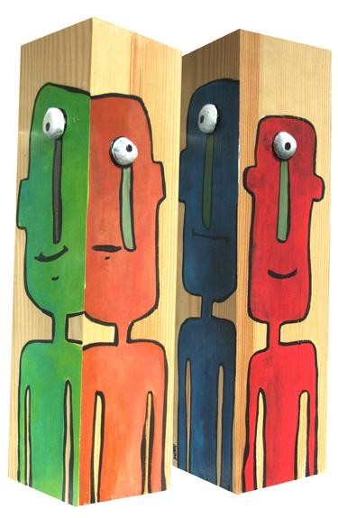Painting titled "bois 4 faces oeil r…" by Wally, Original Artwork