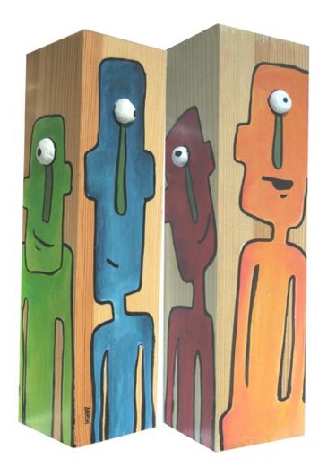 Painting titled "bois 4 faces oeil r…" by Wally, Original Artwork