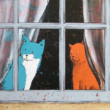 Peinture intitulée "2 chats à la fenêtr…" par Wally, Œuvre d'art originale