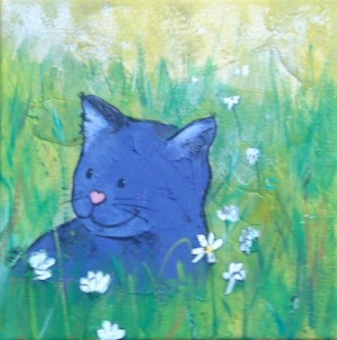 Peinture intitulée "chat prairie" par Wally, Œuvre d'art originale