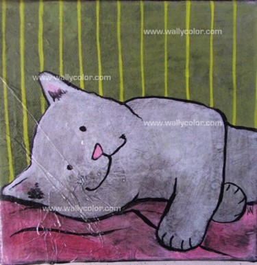 Peinture intitulée "chat couché fd vert…" par Wally, Œuvre d'art originale