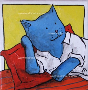 Peinture intitulée "chat chemise" par Wally, Œuvre d'art originale
