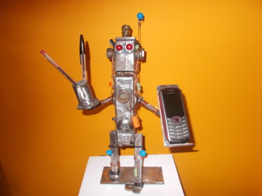 Skulptur mit dem Titel "lampe  robot" von Gilles Bellagamba, Original-Kunstwerk, Metalle
