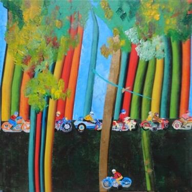 Картина под названием "Motorrad-Ausflug im…" - Walter Lehmann, Подлинное произведение искусства, Акрил Установлен на Деревян…