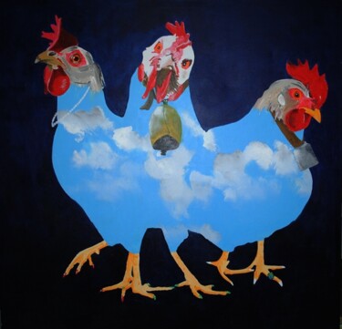 Malerei mit dem Titel "Die 3 Hennen" von Walter Lehmann, Original-Kunstwerk, Acryl