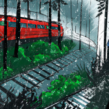 Arts numériques intitulée "Old Train on Rainy…" par Walter Williams, Œuvre d'art originale, Peinture numérique