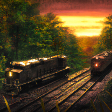Digital Arts titled "Old Train Sunset Ar…" by Walter Williams, Original Artwork, Digital Painting