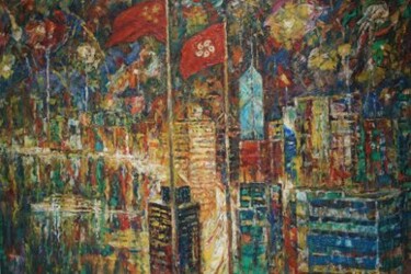 Peinture intitulée "世纪之夜(香港回归.维多利亚港之夜色)" par Wancheng Liang, Œuvre d'art originale