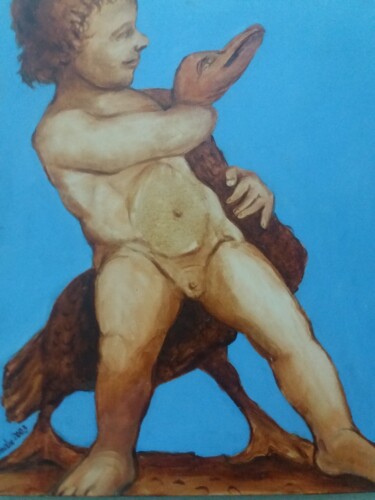 Painting titled "Bambino" by Wanda Dorota Ozieranska, Original Artwork, Oil Mounted on Wood Stretcher frame