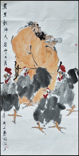 Painting titled "画里乾坤大 茶中日月长" by Lin Wang Wang Lin, Original Artwork, Pigments