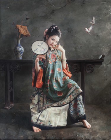 Hearing the Birds Chirping 闻雀 Peinture intitulée "Hearing the Birds C…" par Mingyue Wang 王明月, Œuvre d'art originale, Pigments