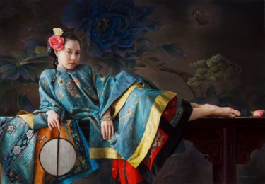 Incisioni, stampe intitolato "Blue Butterfly  蓝蝴蝶" da Mingyue Wang Wang Ming Yue, Opera d'arte originale, Olio