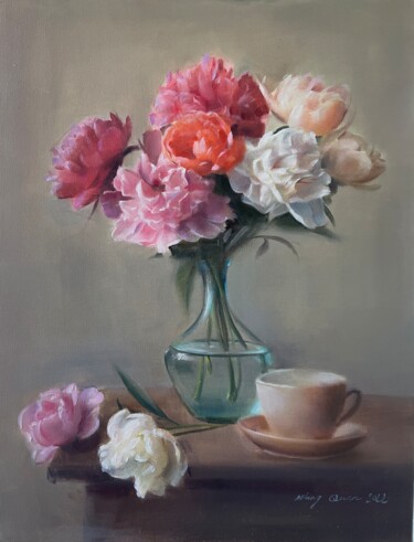 Painting titled "nature morte fleurs" by Wang Quan, Original Artwork, Oil