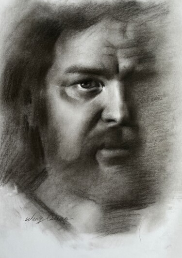 Drawing titled "sketch male portrait" by Wang Quan, Original Artwork, Charcoal