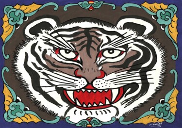 Pintura titulada "Dancheong le Tigre,…" por Mf Arts-Créations, Obra de arte original, Tiza