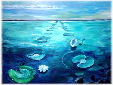 Painting titled "Blue Waterlilynes" by Warda, Original Artwork, Acrylic