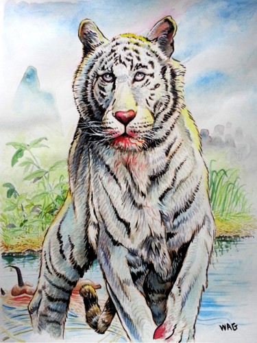 Painting titled "tiger-hunt-1.jpeg" by Robert Décurey, Original Artwork, Watercolor