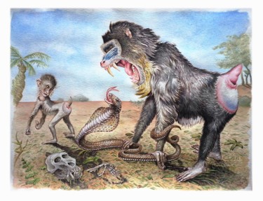 Ζωγραφική με τίτλο "monkeys-and-snake-1…" από Robert Décurey, Αυθεντικά έργα τέχνης, Ακουαρέλα