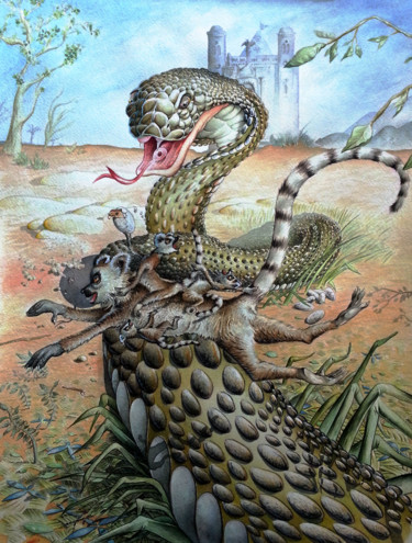 Ζωγραφική με τίτλο "lemurs-and-snake-1.…" από Robert Décurey, Αυθεντικά έργα τέχνης, Ακουαρέλα