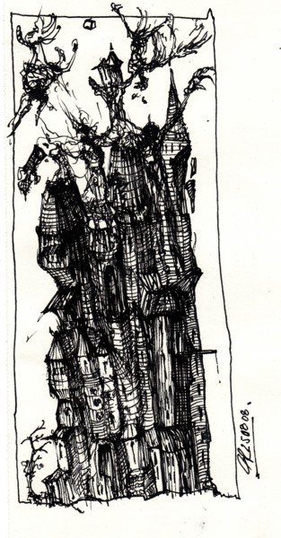 Disegno intitolato "Turmbau zu Babel (2)" da Stephan Rodriguez Warnemünde, Opera d'arte originale, Inchiostro