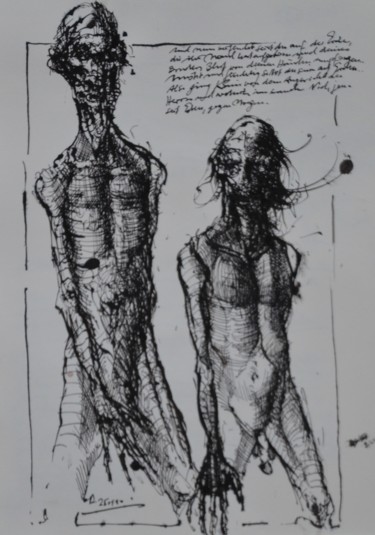 Drawing titled "Kain und Abel" by Stephan Rodriguez Warnemünde, Original Artwork, Ink