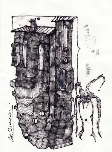 Zeichnungen mit dem Titel "Haus der Spinne" von Stephan Rodriguez Warnemünde, Original-Kunstwerk, Tinte