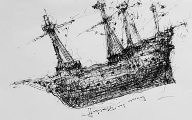 Zeichnungen mit dem Titel "Das Totenschiff" von Stephan Rodriguez Warnemünde, Original-Kunstwerk, Tinte