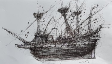 Zeichnungen mit dem Titel "Das Totenschiff (2)" von Stephan Rodriguez Warnemünde, Original-Kunstwerk, Tinte