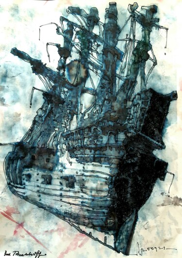 Zeichnungen mit dem Titel "Das Totenschiff (3)" von Stephan Rodriguez Warnemünde, Original-Kunstwerk, Tinte