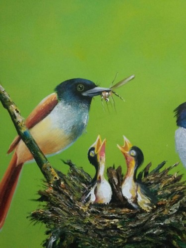 Painting titled "Nest at Suppertime" by Wasantha Ranjan, Original Artwork, Acrylic Mounted on Wood Stretcher frame