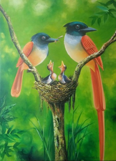 Painting titled "Parental Love and C…" by Wasantha Ranjan, Original Artwork, Acrylic Mounted on Wood Stretcher frame