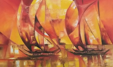 Painting titled "Sails at Sunset" by Wasantha Ranjan, Original Artwork, Acrylic Mounted on Wood Stretcher frame