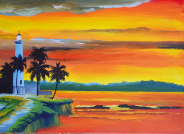 Painting titled "Sunset by the Sea" by Wasantha Ranjan, Original Artwork, Acrylic Mounted on Wood Stretcher frame