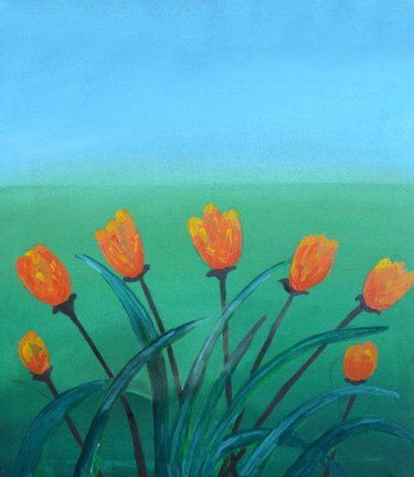 Painting titled "Tulips in the Wind" by Wasantha Ranjan, Original Artwork, Acrylic Mounted on Wood Stretcher frame