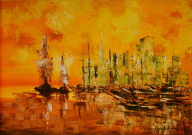 Картина под названием "Flaming Fleet" - Wasantha Ranjan, Подлинное произведение искусства, Акрил Установлен на Деревянная ра…