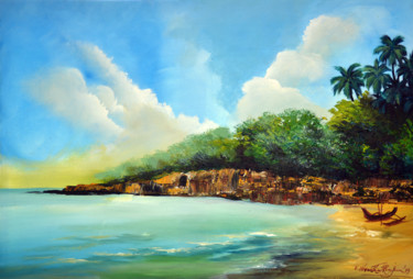 Painting titled "Tropical Bay" by Wasantha Ranjan, Original Artwork, Acrylic Mounted on Wood Stretcher frame