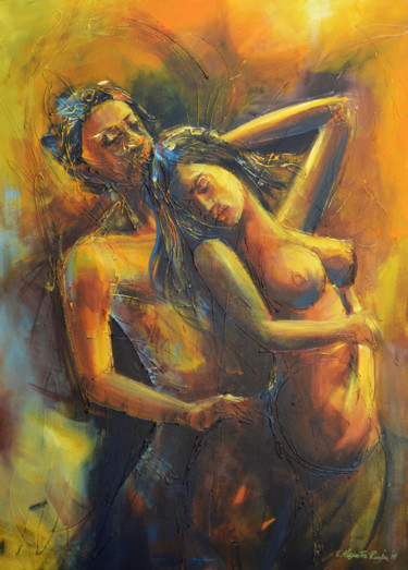 Painting titled "Together We Stay" by Wasantha Ranjan, Original Artwork, Acrylic Mounted on Wood Stretcher frame