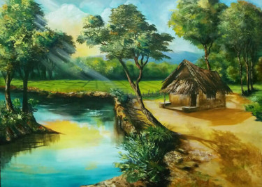 Painting titled "Village Dream" by Wasantha Ranjan, Original Artwork, Acrylic Mounted on Wood Stretcher frame