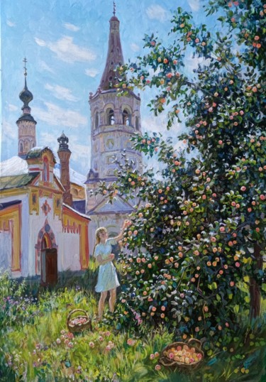 Картина под названием "Apple picking time" - Vasiliy Nesterov, Подлинное произведение искусства, Масло Установлен на Деревян…