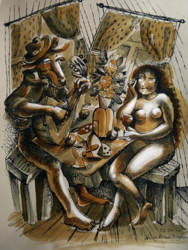 Zeichnungen mit dem Titel "Flirt" von Wassa Rosin-Bergmann, Original-Kunstwerk, Tinte
