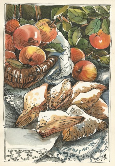 Malerei mit dem Titel "Apfeltaschen" von Wassa Rosin-Bergmann, Original-Kunstwerk, Aquarell